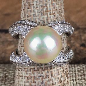 Sterling Silver Freshwater Pearl CZ Statement Ring 7